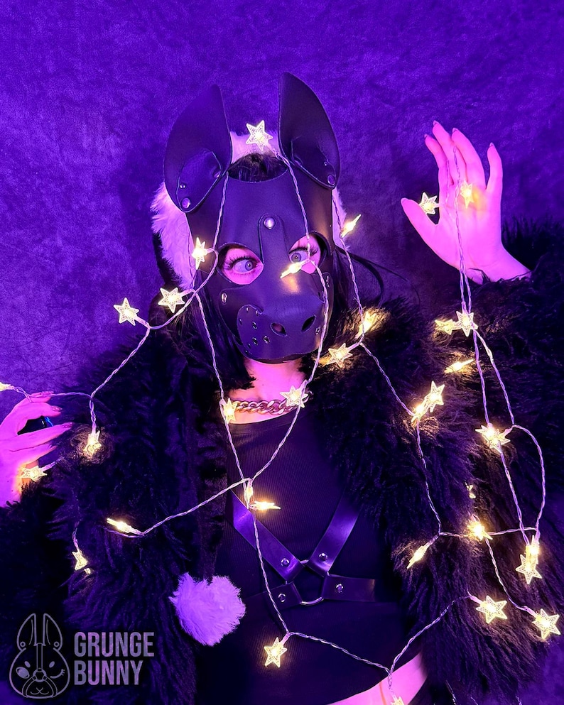 May include: A person wearing a black leather puppy mask with large ears, a black top, and a faux fur coat. The person is adorned with a string of star-shaped fairy lights. The background is a deep purple.