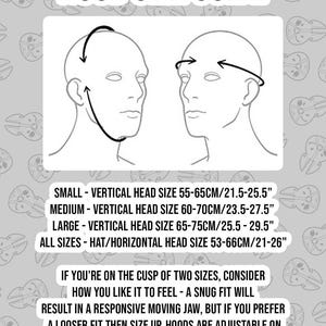May include: A white graphic with the text "HOOD SIZE GUIDE" and illustrations of two heads with measurement arrows. Includes size details: Small (21.5-25.5"), Medium (23.5-27.5"), Large (25.5-29.5"), and Hat (21-26").