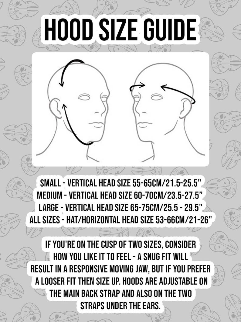 May include: A white graphic with the text "HOOD SIZE GUIDE" and illustrations of two heads with measurement arrows. Includes size details: Small (21.5-25.5"), Medium (23.5-27.5"), Large (25.5-29.5"), and Hat (21-26").
