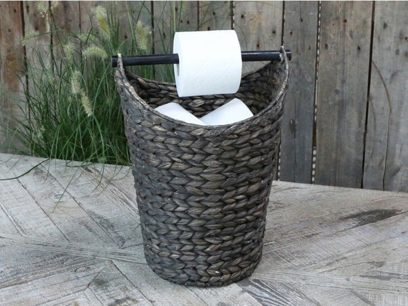 Toilet roll holder Toilet roll holder made of water hyacinth in black Storage toilet rolls Toilet roll holder Toilet paper holder image 1