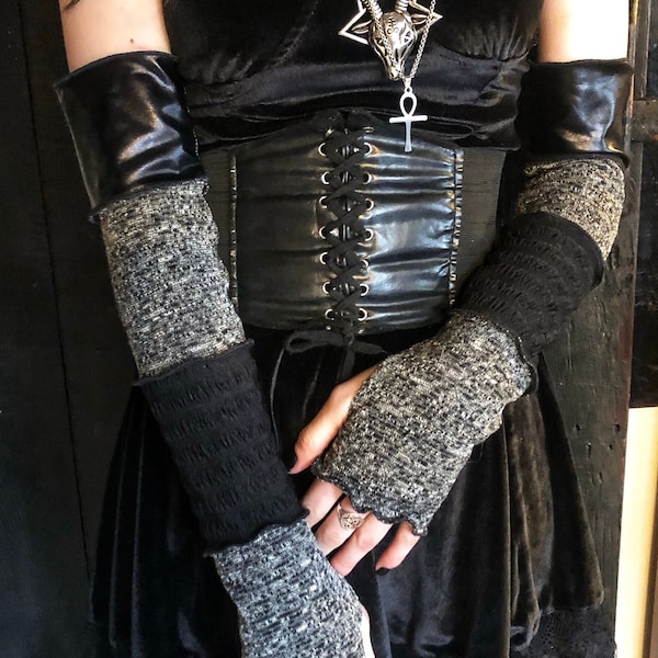 Goth arm warmers, handmade, long length, stripy, goth girl, dark fashion