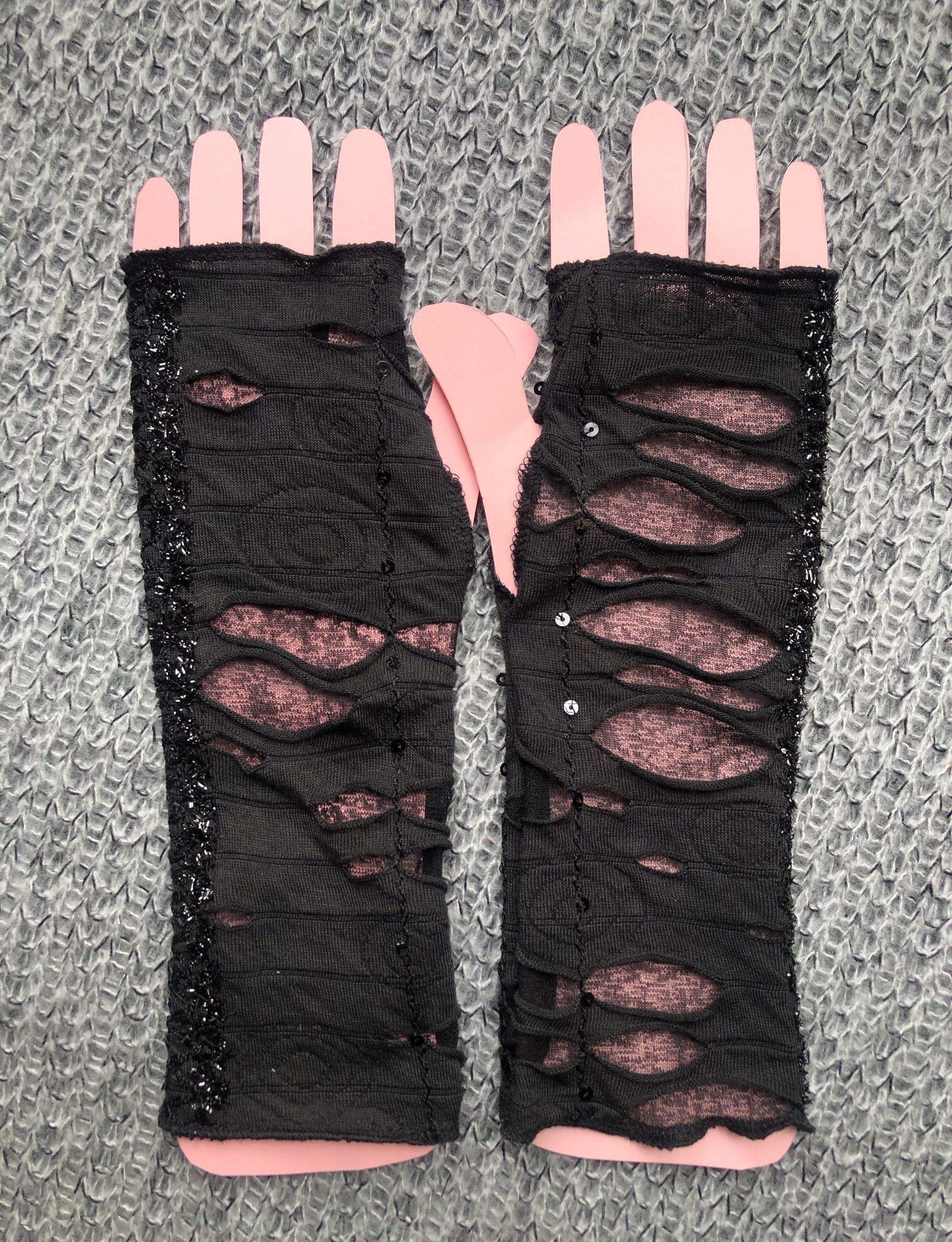 Black arm warmers long length Accessories Gloves & Mittens Arm Warmers handmade dark fashion sparkle witchy stretch mesh fingerless gloves goth girl 
