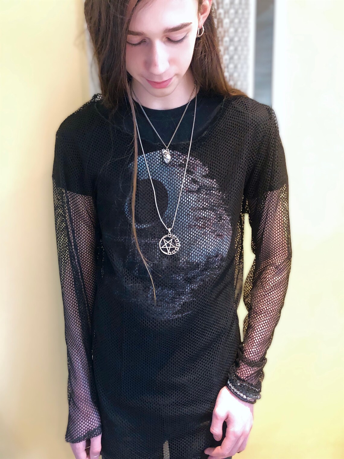 fishnet top long sleeve black