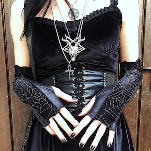 Goth arm warmers, cobweb, fingerless gloves, handmade, longer length, gothgirl, dark aesthetic