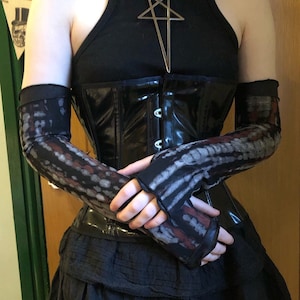 Skeletal tie dye mesh arm sleeves, fingerless gloves, handmade, long length, mesh gloves, gothgirl, dark aesthetic