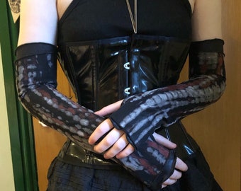 Skeletal tie dye mesh arm sleeves, fingerless gloves, handmade, long length, mesh gloves, gothgirl, dark aesthetic
