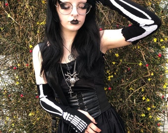 Spooky arm warmers, goth gloves, handmade, creepy cute, skeleton bones, longer length, fingerless gloves, gothgirl, dark aesthetic