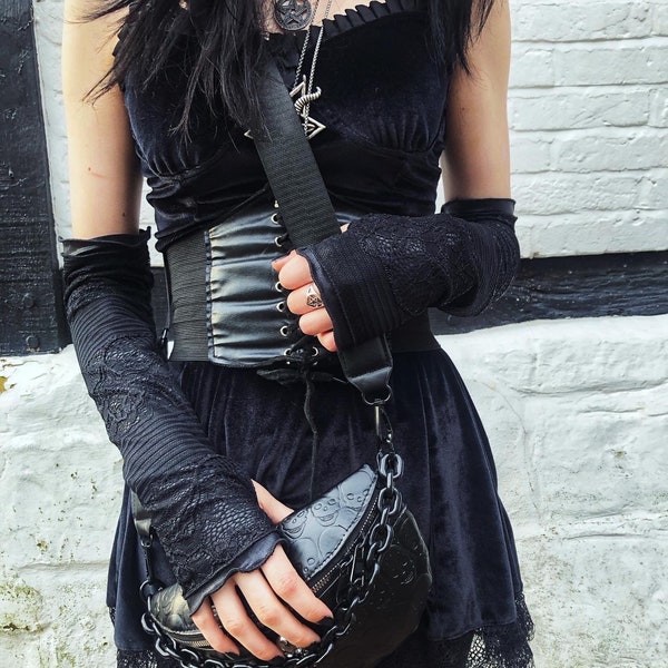 Goth arm warmers, fingerless gloves, handmade, long length, lace gloves, gothgirl, dark aesthetic