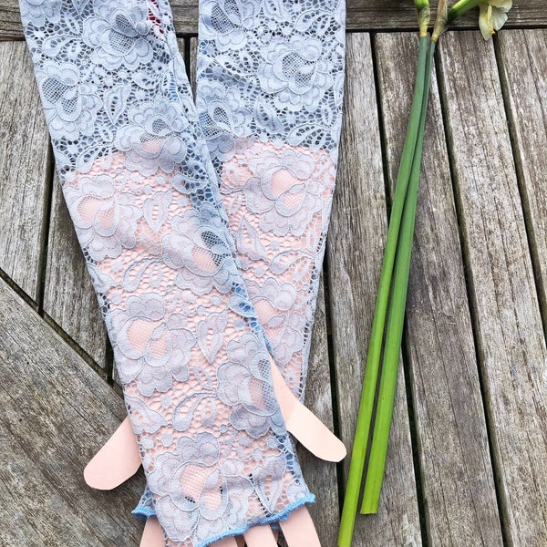 Lace gloves, longer length, handmade, fingerless gloves, baby blue, pink, lilac, floral lace, mesh, bridal gloves, fairycore, cottagecore