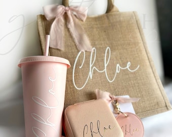 Personalised PINK COLD CUP jute burlap bag jewellery box keyring giftset,Personalised birthday giftset for her,Teacher gift,girlgift for her