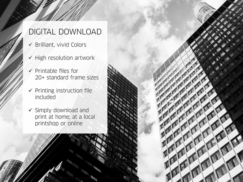 Printable Wall Art of Frankfurt Skyline urban photography in Black and White for home or office decor as an instant digital download
