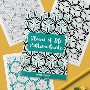 以下が含まれることがあります： フラワーオブライフのパターンを作成するための塗り絵ガイド。表紙は、ターコイズ、ブラック、ホワイトの幾何学模様で、「フラワーオブライフパターンガイド」というタイトルと、作者の名前「MARIO MARTIN」が書かれています。