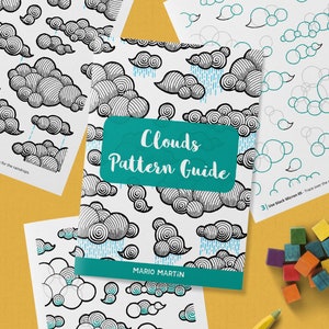Puede incluir: Una guía de patrones imprimible para dibujar nubes. La guía incluye una variedad de formas y patrones de nubes, así como instrucciones para trazar sobre las líneas con un bolígrafo Micron negro. La guía se titula "Clouds Pattern Guide" y es de Mario Martin.