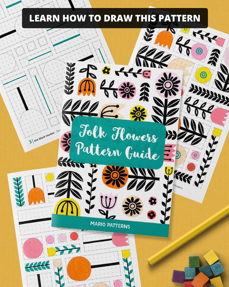 FOLK ART FLOWERS Pattern Drawing Guide How To Draw Floral Patterns Doodle Workbook with Step by Step Tutorial Printable Pdf Ebook image 2