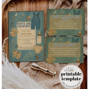 Thème garage pièces et tétines | Faire-part de fête prénatale modifiable | Tombola de couches et carte de demande de livre | Baby shower mécanique à imprimer