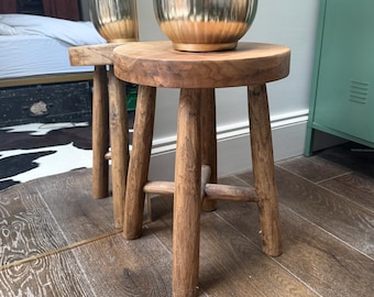 MILK Rustic Solid Wood Farmhouse Milking Stool Seat Side Table