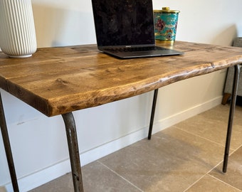 FORÈT Waney Live Edge Industrial Rustic Tubular Steel Leg Small Custom Size Desk Dining Table Handcrafted with Solid Wood