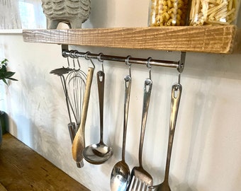 Forêt rustic industrial solid wood chunky scaffold floating hidden bracket shelves with utensil rack & hooks