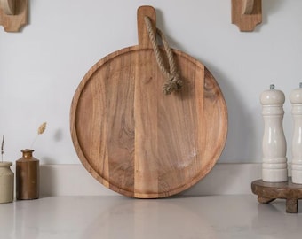 PIZZA Serving Board Handcrafted Solid Wood Round Chopping Board with Hanging Rope