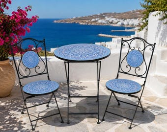 PAXOS Mosaic Tile Garden Folding Bistro Table & Chairs Set Outdoor Patio Furniture Antique Black Steel