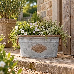 May include: An oval galvanised metal planter with two side handles and a central embossed plaque reading FLOWERS & GARDEN. The container is filled with a variety of small white and purple flowering plants and green foliage.