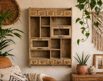 EMMEN Rustic Vintage Pigeonhole Wall Storage Unit Grid Square Organisation Apothecary Shelf Compartment Rack Shelves Drawer Rack Display Box