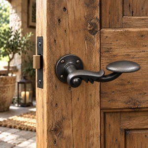Manija de puerta CARNABY de hierro forjado a mano, estilo rústico antiguo, simple y con resorte, perilla fundida hecha a mano y recuperada.