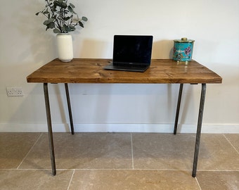 FORÈT Industrial Rustic Tubular Steel Leg Small Custom Size Desk Dining Table Handcrafted with Solid Wood - Matching Benches
