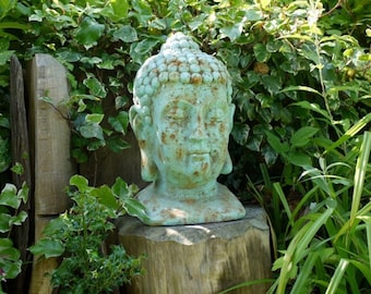 BUDDHA Statue Reclaimed Rusty Blue Cast Peace Head Rustic Hand Forged Outdoor Garden Antique Sculpture Vintage Ornament