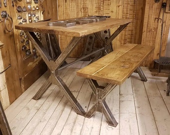 FORÈT Industrial Rustic Banbury X Shape Chunky Metal Steel Leg Large Long Desk Dining Table Handcrafted with Solid Wood - Matching Benches