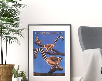Vintage 1930s tierpark berlin zoo lemurs in tree advertisement promotional print poster a3 & a4