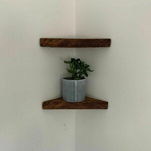 May include: Two wooden corner shelves with a small potted plant on the lower shelf.