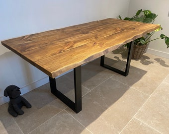 Forêt live edge angled double industrial rustic square x leg a frame shape chunky metal steel leg dining table handcrafted with solid wood