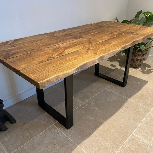 Forêt live edge angled double industrial rustic square x leg a frame shape chunky metal steel leg dining table handcrafted with solid wood