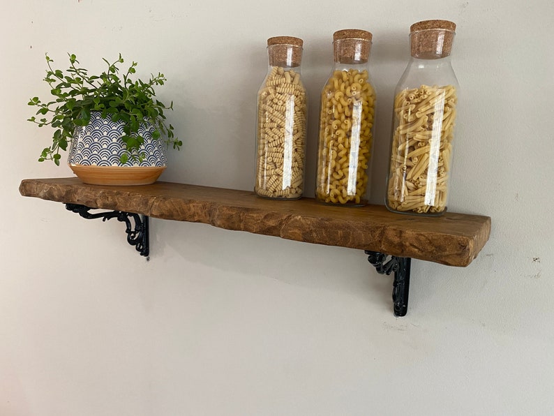 Forêt rustic live edge solid wood chunky scaffold shelves with choice of vintage brackets paddington / daisy / lattice / flower / roman image 9