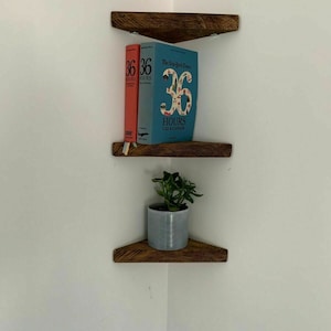 May include: Two wooden corner shelves with a plant in a blue pot on the lower shelf. The top shelf has two books with the title "36 Hours" on the cover.