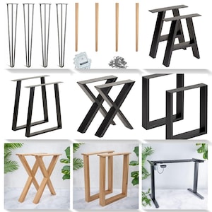 May include: A selection of table legs in different designs and materials. Features black hairpin legs, wooden tapered legs, metal A-frame legs, X-frame legs, and square frame legs. Also shown are mounting plates and screws, and a height-adjustable desk frame.