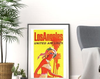 Vintage 1960s visit los angeles united airlines bright holiday international tourism travel promotional print poster a3 & a4