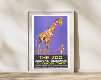 Vintage 1930s london zoo giraffe tramways to camden travel promotional print poster a3 & a4