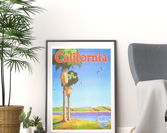 Vintage 1960s visit santa fe california palm tree holiday international tourism travel promotional print poster a3 & a4