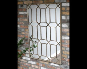Espejo grande de estilo rústico geométrico con extremos cuadrados, fabricado en metal forjado a mano, estilo industrial, para exteriores, jardín, con acabado envejecido vintage, 120 x 80 cm.