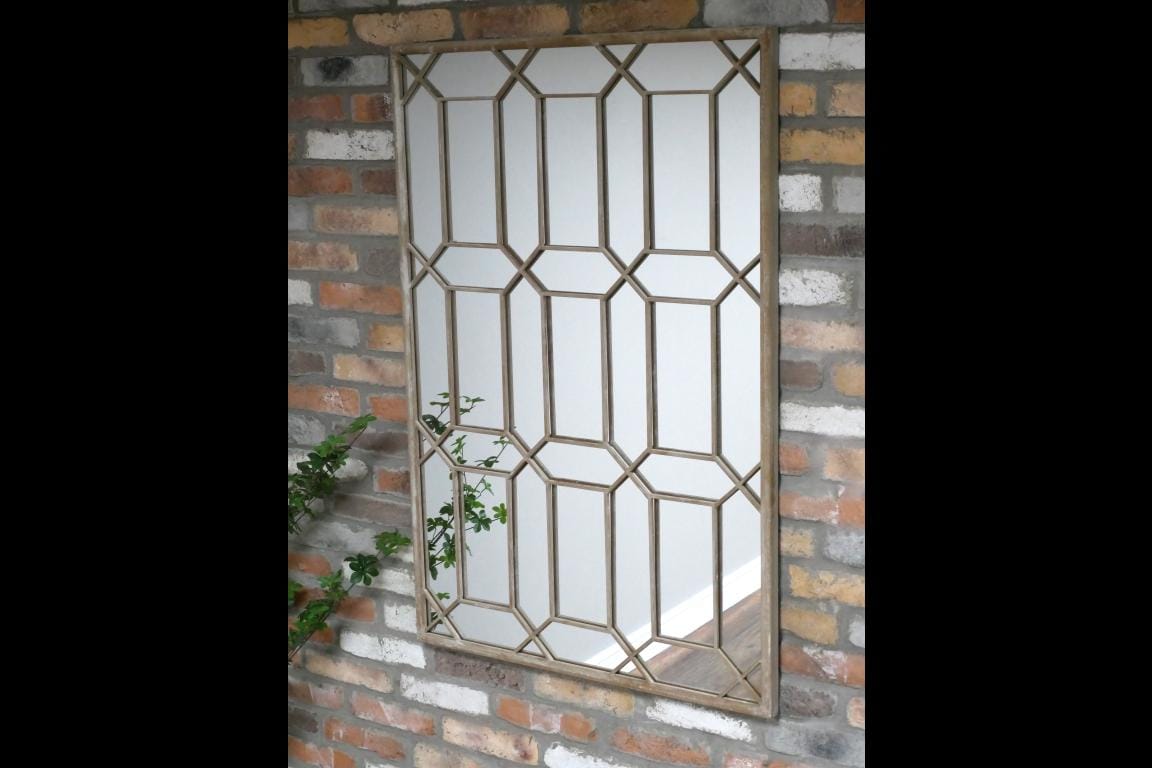 Grand Miroir Industriel Carré Fin À Motif Géométrique En Métal Forgé La Main Pour Jardin D'extérieur, Effet Vieilli Vintage 120 X 80 cm