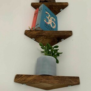 May include: Three wooden corner shelves with a rustic brown finish. The top shelf has a small metal animal figurine, two books, and the text "36 HOURS USA & CANADA". The middle shelf has a small potted plant. The bottom shelf is empty.