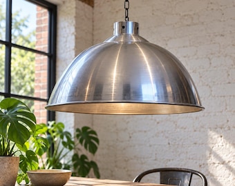 FACTORY Polished Steel Large Industrial Pendant Hanging Light Lamp Shade Metal
