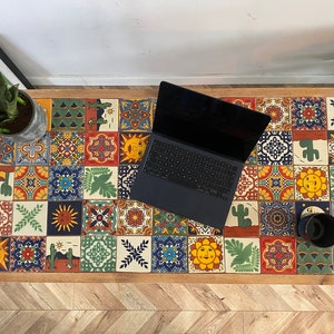 FORÊT Art Deco Mexican Handmade Square Tile Table Crafted with Solid Wood Mosaic Ceramic Chunky Rustic Straight Pin Leg Desk Dining