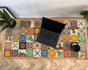 FORÊT Art Deco Mexican Handmade Square Tile Table Crafted with Solid Wood Mosaic Ceramic Chunky Rustic Straight Pin Leg Desk Dining