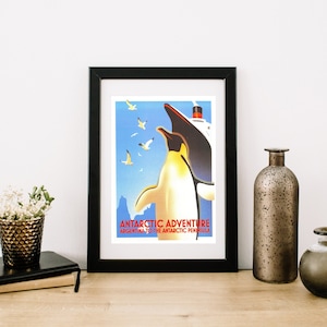 Póster promocional de turismo de pingüinos de aventura antártica vintage de los años 50 a3 y a4