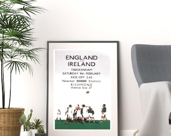 Vintage 1930s england v ireland rugby twickenham travel london underground promotional print poster a3 & a4