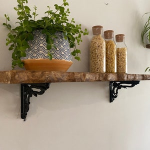 Forêt rustic live edge solid wood chunky scaffold shelves with choice of vintage brackets paddington / daisy / lattice / flower / roman
