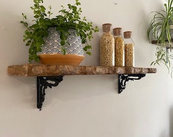 Forêt rustic live edge solid wood chunky scaffold shelves with choice of vintage brackets paddington / daisy / lattice / flower / roman